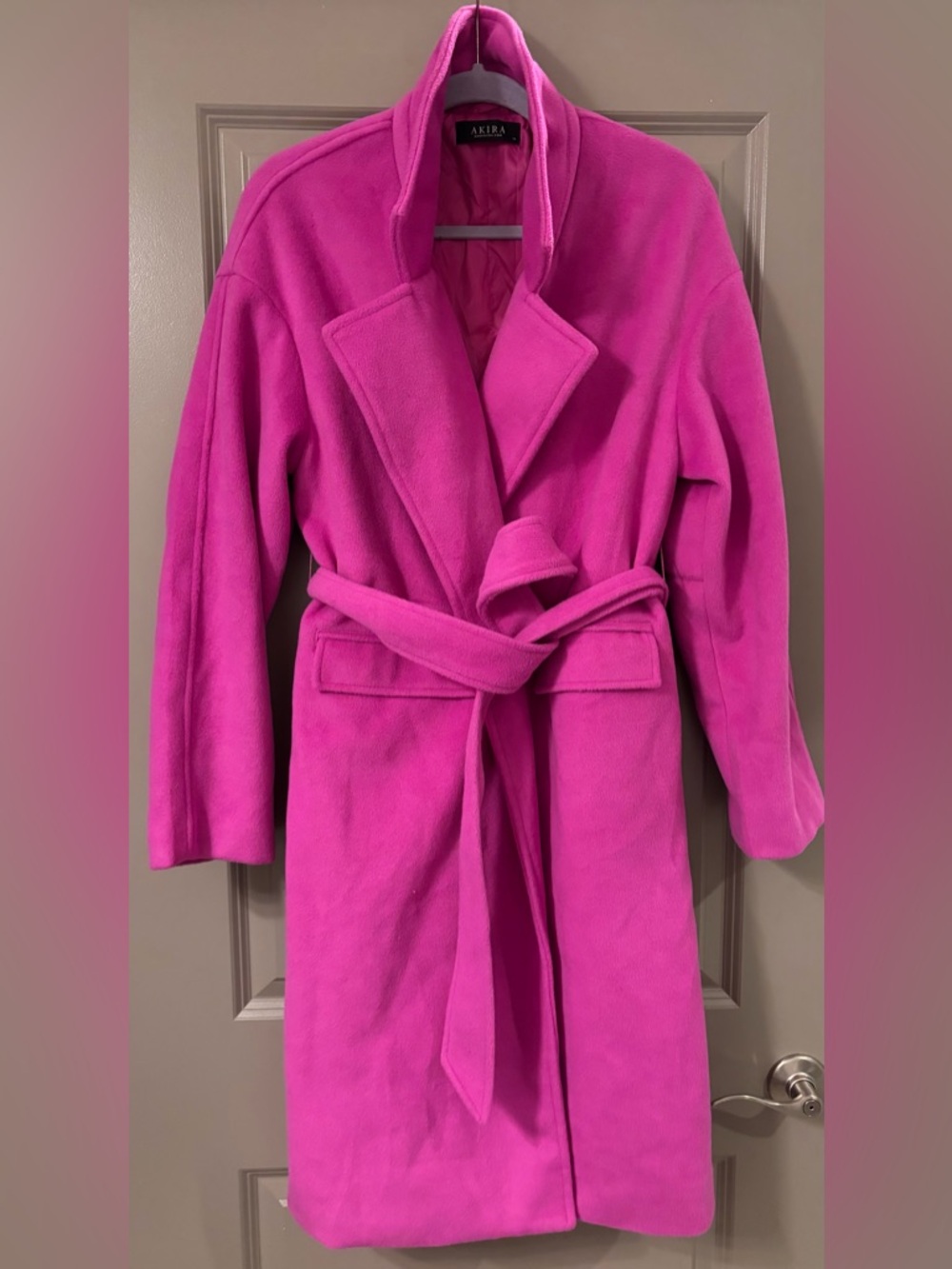Hot Pink Belted Wool-Blend Coat